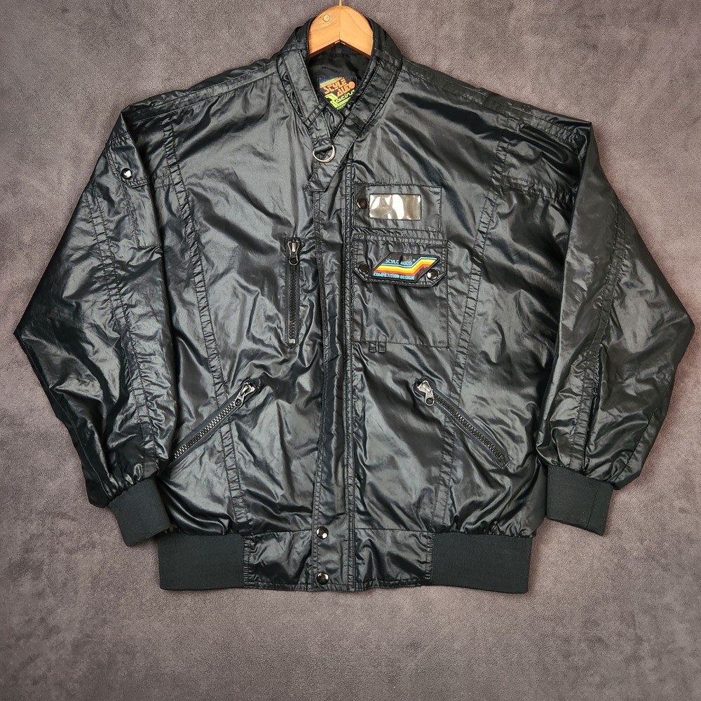 Vintage‎ Style Auto Racing Jacket Mens Large Black Bomber Full Zip Lightweight